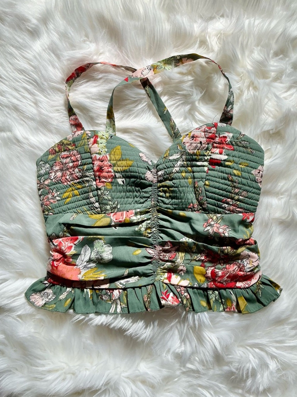 B.O.G. Collective Sleeveless Ruffled Hem Rouched Crop Top